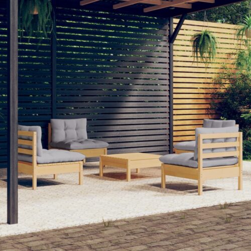 5-Piece Garden Lounge Set with Grey Cushions Pine Wood Outdoor Patio Furniture - Image 10