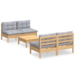 5-Piece Garden Lounge Set with Grey Cushions Pine Wood Outdoor Patio Furniture