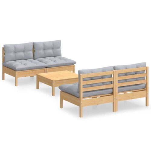 5-Piece Garden Lounge Set with Grey Cushions Pine Wood Outdoor Patio Furniture