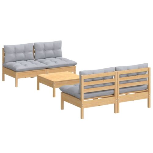5-Piece Garden Lounge Set with Grey Cushions Pine Wood Outdoor Patio Furniture - Image 2