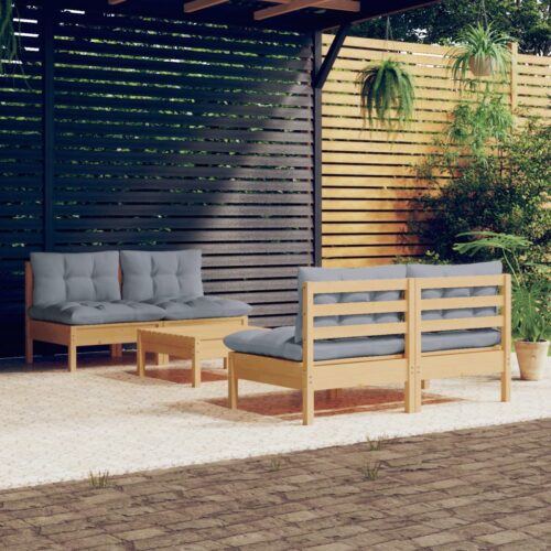 5-Piece Garden Lounge Set with Grey Cushions Pine Wood Outdoor Patio Furniture - Image 10