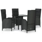 5-Piece Garden Dining Set with Cushions Black Poly Rattan Wicker Outdoor Patio Furniture