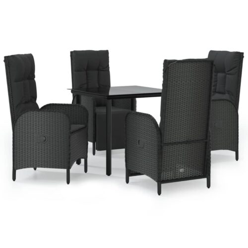 5-Piece Garden Dining Set with Cushions Black Poly Rattan Wicker Outdoor Patio Furniture