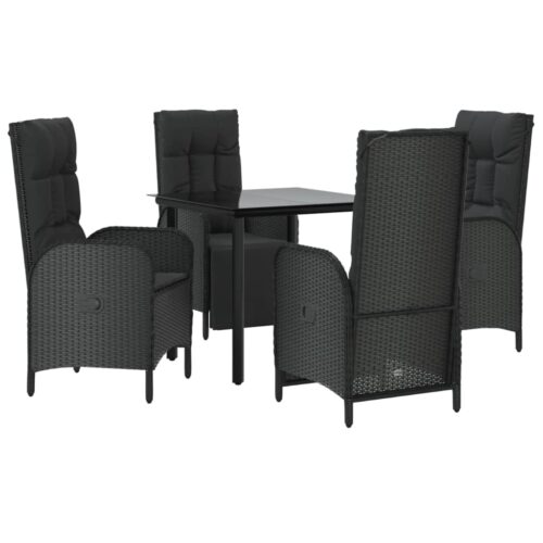 5-Piece Garden Dining Set with Cushions Black Poly Rattan Wicker Outdoor Patio Furniture - Image 3