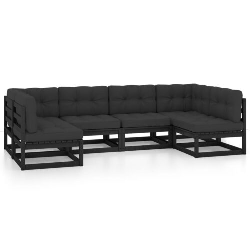 6-Piece Garden Lounge Set with Cushions Black Pine Wood Outdoor Patio Furniture