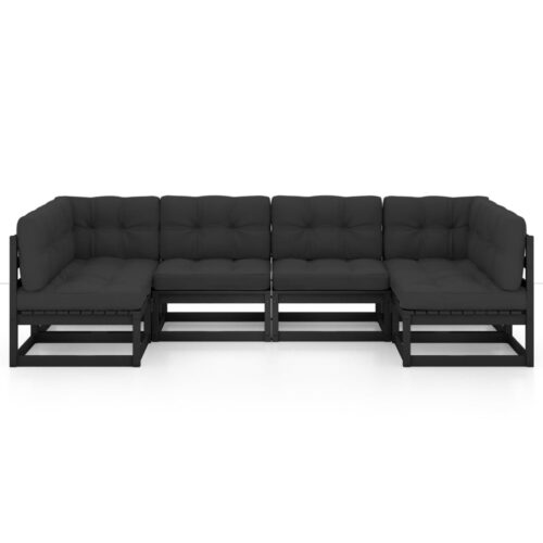 6-Piece Garden Lounge Set with Cushions Black Pine Wood Outdoor Patio Furniture - Image 3