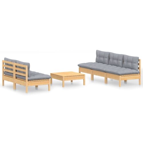 6-Piece Garden Lounge Set with Grey Cushions Pine Wood Outdoor Patio Furniture