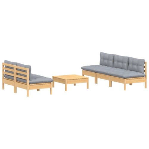 6-Piece Garden Lounge Set with Grey Cushions Pine Wood Outdoor Patio Furniture - Image 9
