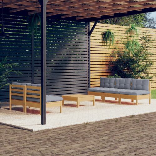 6-Piece Garden Lounge Set with Grey Cushions Pine Wood Outdoor Patio Furniture - Image 10