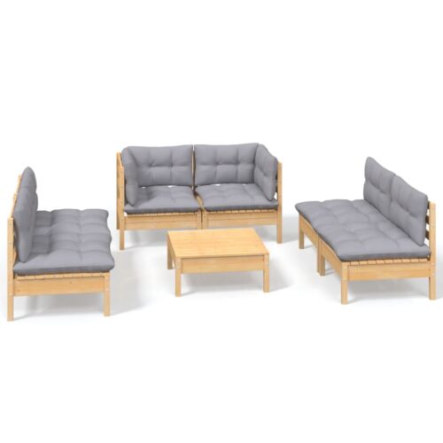7-Piece Garden Lounge Set with Grey Cushions Pine Wood Outdoor Patio Furniture