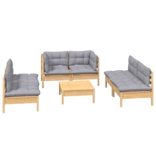 7-Piece Garden Lounge Set with Grey Cushions Pine Wood Outdoor Patio Furniture - Image 10