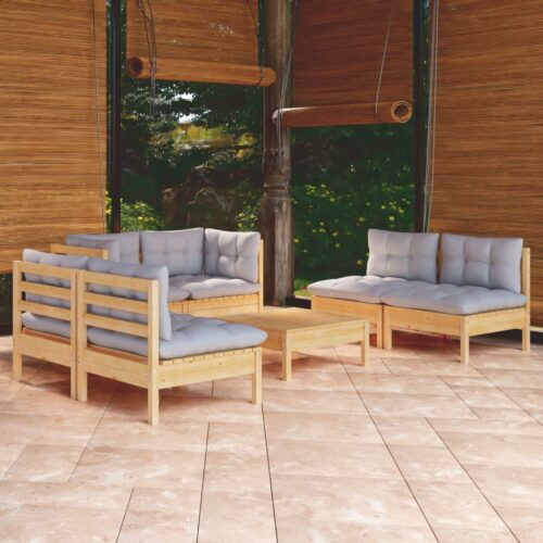 7-Piece Garden Lounge Set with Grey Cushions Pine Wood Outdoor Patio Furniture - Image 11