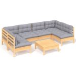 7-Piece Garden Lounge Set with Grey Cushions Pine Wood Outdoor Patio Furniture