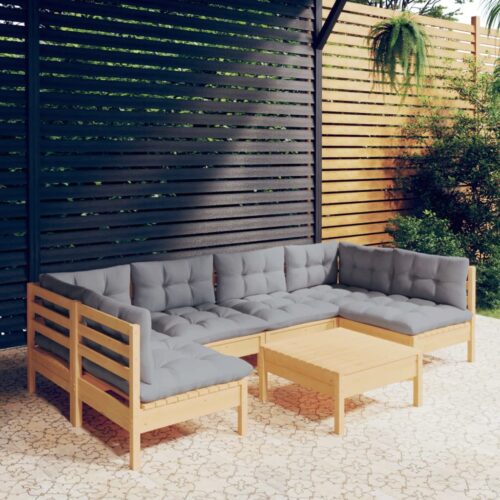 7-Piece Garden Lounge Set with Grey Cushions Pine Wood Outdoor Patio Furniture - Image 9