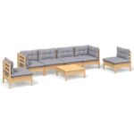 7-Piece Garden Lounge Set with Grey Cushions Pine Wood Outdoor Patio Furniture