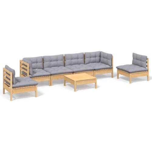 7-Piece Garden Lounge Set with Grey Cushions Pine Wood Outdoor Patio Furniture
