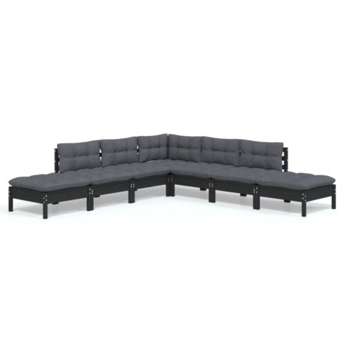 7-Piece Garden Lounge Set with Cushions Black Pine Wood Outdoor Patio Furniture