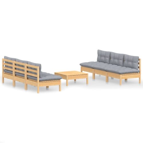 7-Piece Garden Lounge Set with Grey Cushions Pine Wood Outdoor Patio Furniture