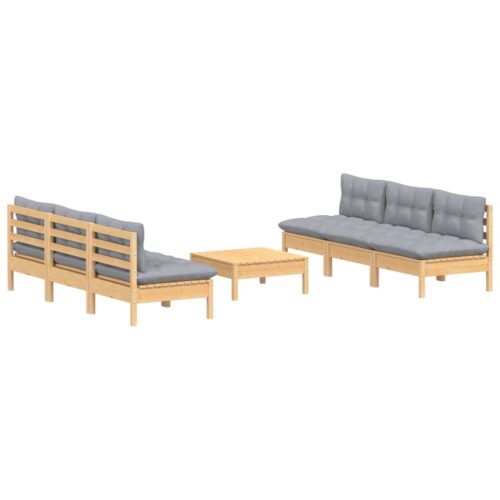 7-Piece Garden Lounge Set with Grey Cushions Pine Wood Outdoor Patio Furniture - Image 9
