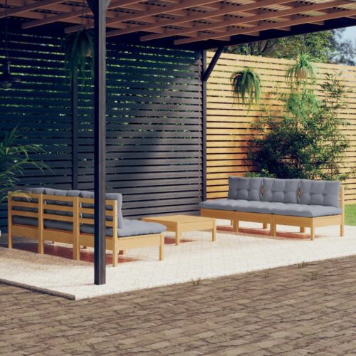 7-Piece Garden Lounge Set with Grey Cushions Pine Wood Outdoor Patio Furniture - Image 10