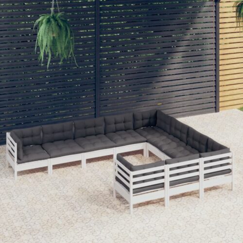 10-Piece Garden Lounge Set with Cushions White Pine Wood Outdoor Patio Furniture - Image 7
