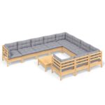 11-Piece Garden Lounge Set with Grey Cushions Pine Wood Outdoor Patio Furniture