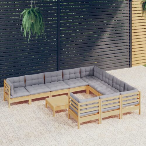 11-Piece Garden Lounge Set with Grey Cushions Pine Wood Outdoor Patio Furniture - Image 8