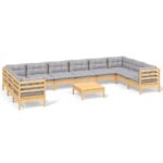 11-Piece Garden Lounge Set with Grey Cushions Pine Wood Outdoor Patio Furniture