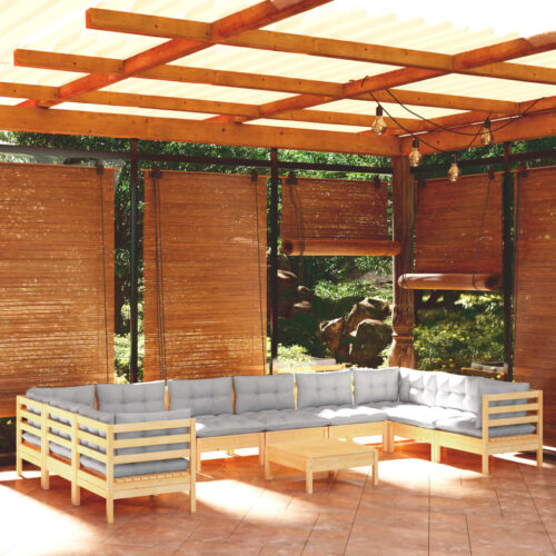 11-Piece Garden Lounge Set with Grey Cushions Pine Wood Outdoor Patio Furniture - Image 8