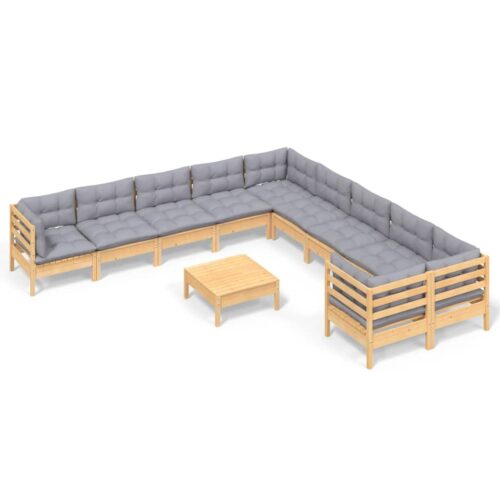 11-Piece Garden Lounge Set with Grey Cushions Pine Wood Outdoor Patio Furniture