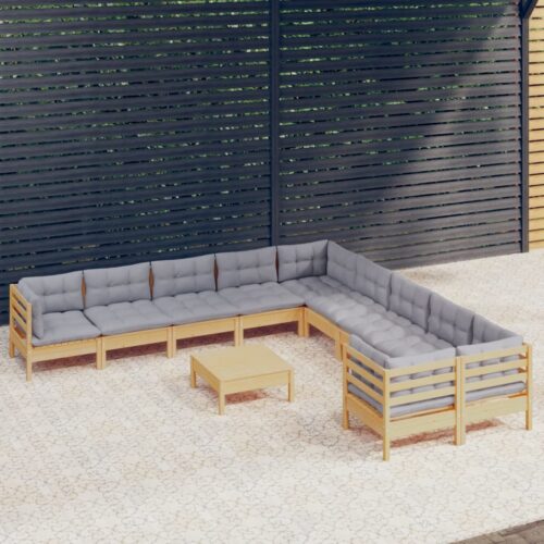 11-Piece Garden Lounge Set with Grey Cushions Pine Wood Outdoor Patio Furniture - Image 8