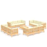 13-Piece Garden Lounge Set with Cream Cushions Pine Wood Outdoor Patio Furniture