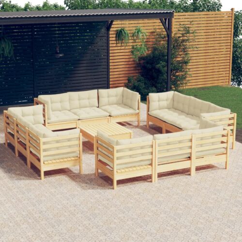 13-Piece Garden Lounge Set with Cream Cushions Pine Wood Outdoor Patio Furniture - Image 12