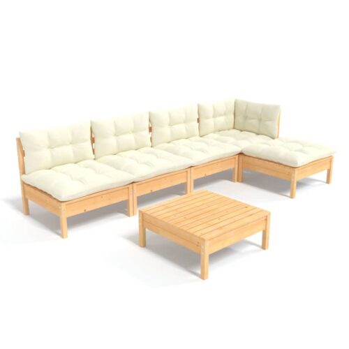 6-Piece Garden Lounge Set with Cream Cushions Pine Wood Outdoor Patio Furniture