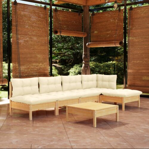 6-Piece Garden Lounge Set with Cream Cushions Pine Wood Outdoor Patio Furniture - Image 9
