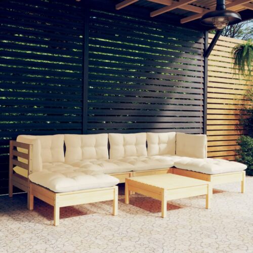 7-Piece Garden Lounge Set with Cream Cushions Pine Wood Outdoor Patio Furniture - Image 9