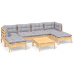 7-Piece Garden Lounge Set with Grey Cushions Pine Wood Outdoor Patio Furniture