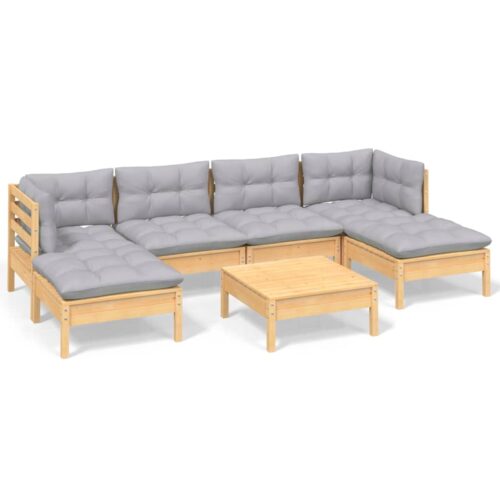 7-Piece Garden Lounge Set with Grey Cushions Pine Wood Outdoor Patio Furniture