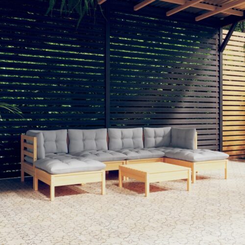 7-Piece Garden Lounge Set with Grey Cushions Pine Wood Outdoor Patio Furniture - Image 9