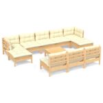 11-Piece Garden Lounge Set with Cream Cushions Pine Wood Outdoor Patio Furniture