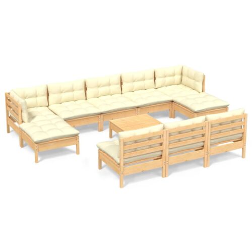 11-Piece Garden Lounge Set with Cream Cushions Pine Wood Outdoor Patio Furniture