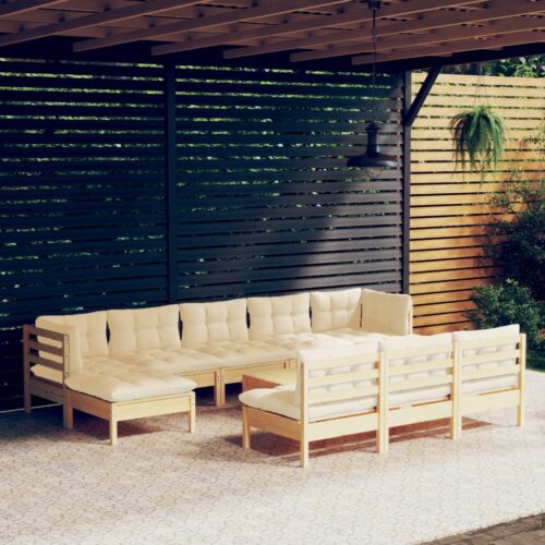 11-Piece Garden Lounge Set with Cream Cushions Pine Wood Outdoor Patio Furniture - Image 9