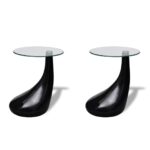 Coffee Table 2pcs with Round Glass Top High Gloss Black