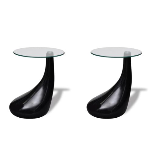 Coffee Table 2pcs with Round Glass Top High Gloss Black