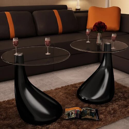 Coffee Table 2pcs with Round Glass Top High Gloss Black - Image 6