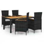 5-Piece Outdoor Dining Set with Cushions Poly Rattan Wicker Outdoor Patio Furniture Black