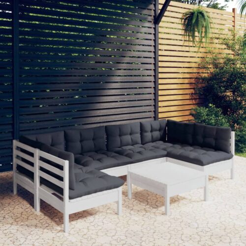 7-Piece Garden Lounge Set with Cushions White Pine Wood Outdoor Patio Furniture - Image 9