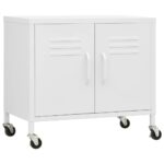 Industrial Steel Cabinet Storage Shelf Table Sideboard Cupboard on Wheels White