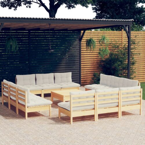 13-Piece Garden Lounge Set with Cream Cushions Pine Wood Outdoor Patio Furniture - Image 10