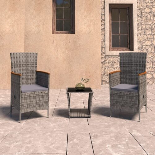 3-Piece Garden Lounge Set with Cushions Poly Rattan Wicker Outdoor Patio Furniture Grey - Image 12